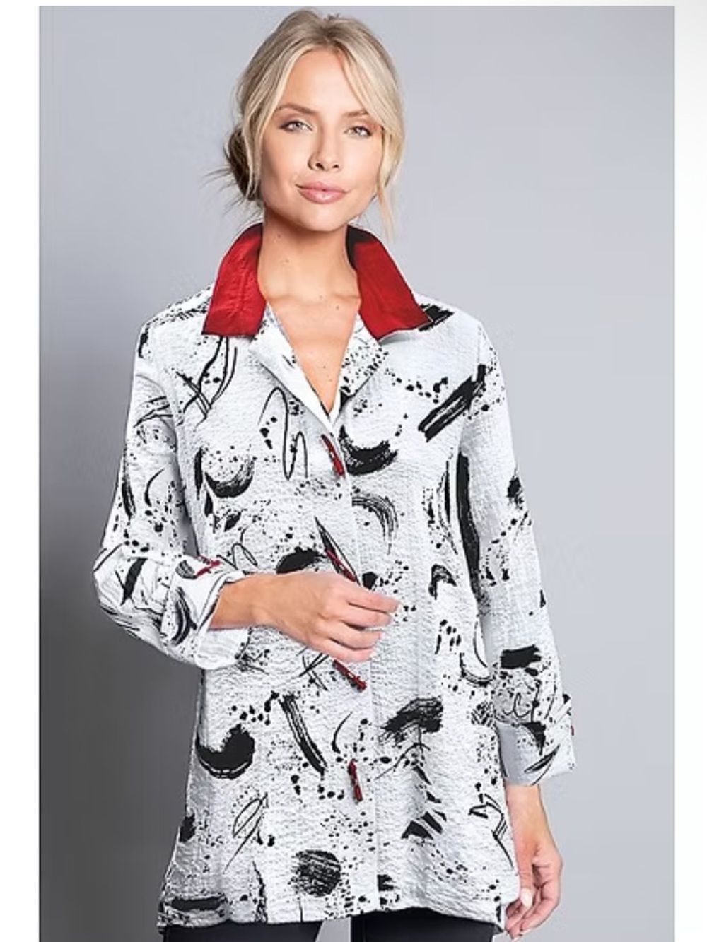 Ali Miles White ButtonDown Shirt with Black Abstract Print Wire Collar Artsy PXL